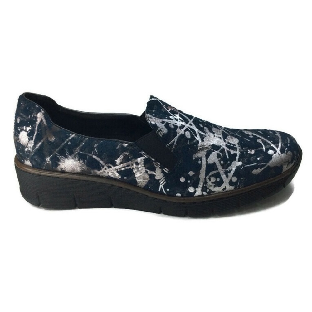Rieker Doris 66 Paint Splatter Wedge Slip-On Navy Clogs Size 8